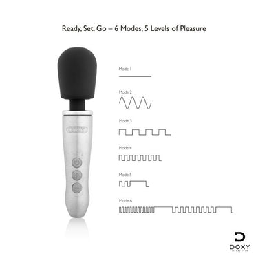 Doxy Go - Brushed Metal with battery and charging details, showcasing the performance of the doxy mini wand.